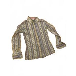 Vintage Women's Long Sleeve Button-Up Blouse with Geometric Pattern